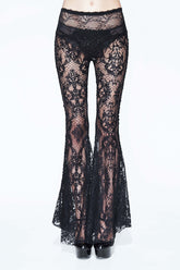 Black Sexy Transparent Lace Bellbottoms With Bead Chain Womens Pants